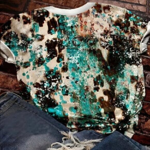 Boots & Cactus Print Crew Neck T-Shirt, Casual Short Sleeve Top XXL - Picture 2 of 3